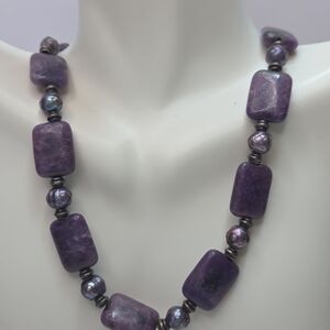 Amethyst Stone 925 S T erling Silver Necklace Rect Flat Stones 925 Spacers Clasp